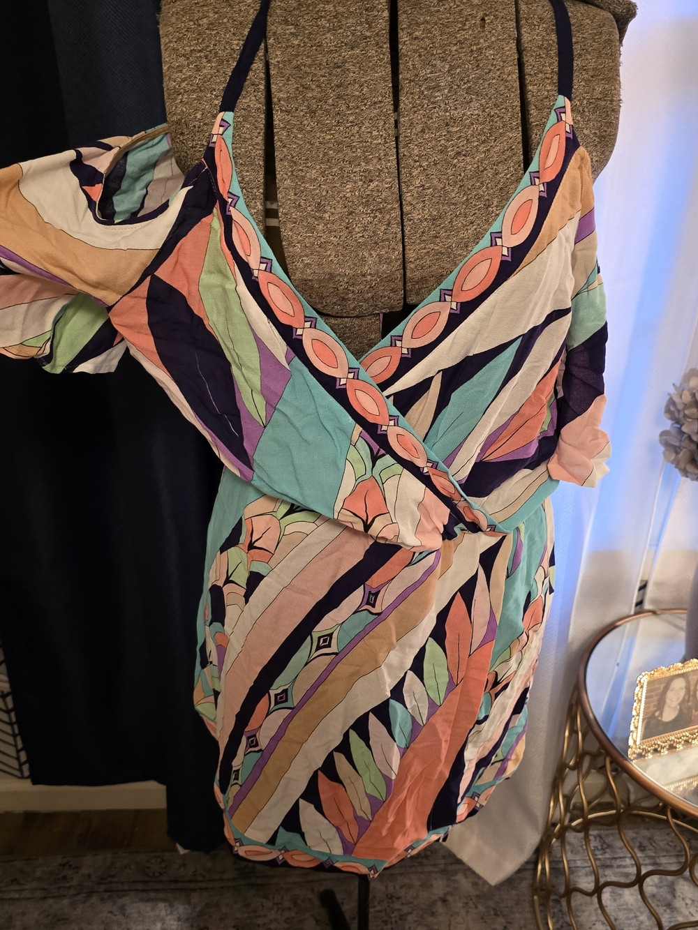 Trina Turk Multi-Color Abstract Wrap Swim Coverup - Coral, Teal & Navy
